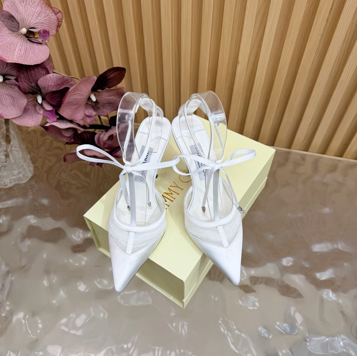 JIMMY CHOO 26S HIGH HEELS 105 MM IN WHITE MESH AND SATIN