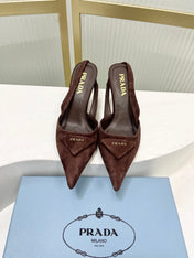 PRADA 26S SLINGBACK HIGH HEEL SANDALS 75MM IN DARK BROWN SUEDE WITH LOGO