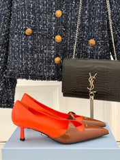 KITTEN HEEL PUMPS IN BROWN MIX ORANGE CALFSKIN