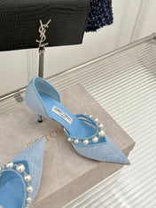 JIMMY CHOO 26S HIGH HEELS 65 MM IN SKY BLUE LACE PEARL-EMBELLISHED