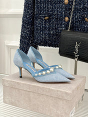 JIMMY CHOO 26S HIGH HEELS 65 MM IN SKY BLUE LACE PEARL-EMBELLISHED