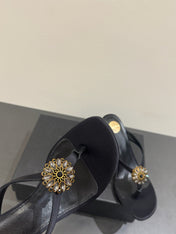 YSL HEELED THONG SANDALS 25S IN BLACK SATIN WITH CRYSTAL