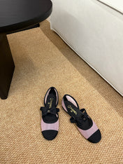 CHANEL 26S MARY JANE FLATS IN PINK AND BLACK MESH RIBBON STRAP CAP TOE