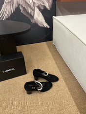 CHANEL 26S MARY JANE PEARL STRAP HIGH HEELS IN BLACK CALFSKIN