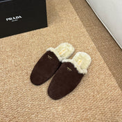 PRADA 26S SHEARLING MULE SLIPPERS IN CHOCOLATE BROWN SUEDE