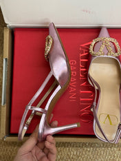 VALENTINO 26S HIGH HEEL SLINGBACKS IN METALLIC PINK CALFSKIN WITH CRYSTAL