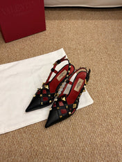 VALENTINO 26S ROCKSTUD SLINGBACK HEELS IN BLACK CALFSKIN