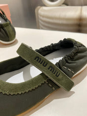 MIUMIU 26S RUCHES NAPPA BALLERINAS IN ARMY GREEN SUEDE AND FABRIC