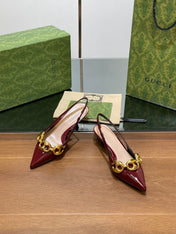 GG MID-HEELED SLINGBACK 4.5 CM IN WINE RED GLOSSY CALFSKIN WITH GOLD HARDWARE