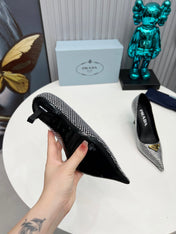 TRIANGLE LOGO HIGH-HEEL PUMPS IN BLACK SATIN WITH WHITE CRYSTALS