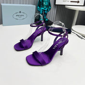 PRADA 26S ANKLE STRAP SANDALS STILETTO HEEL 80MM IN DEEP PURPLE SATIN