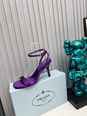 PRADA 26S ANKLE STRAP SANDALS STILETTO HEEL 80MM IN DEEP PURPLE SATIN