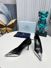 HIGH POINTED-TOE PUMPS IN SILVER MIX BLACK CALFSKIN