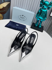 HIGH SLING BACK PUMPS IN SILVER MIX BLACK CALFSKIN