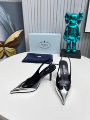 HIGH SLING BACK PUMPS IN SILVER MIX BLACK GLOSSY CALFSKIN