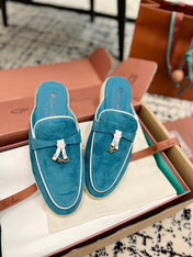 Loro Piana Ocean Blue White Suede Charms Walk Flat Mules