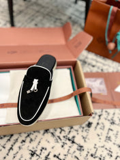 Loro Piana Black White Suede Charms Walk Flat Mules
