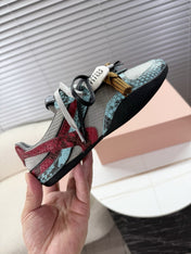 MIUMIU 26S GYMNASIUM SNEAKER IN SILVER FABRIC AND TURQUOISE BLUE SNAKE EFFECT CALFSKIN