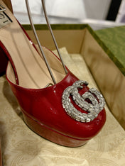GG CRYSTALS PLATFORM PUMPS SCARLET CALFSKIN