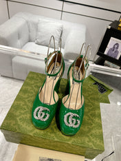 HIGH SANDAL SQUARE HEEL 12 CM IN DARK GREEN CALFSKIN