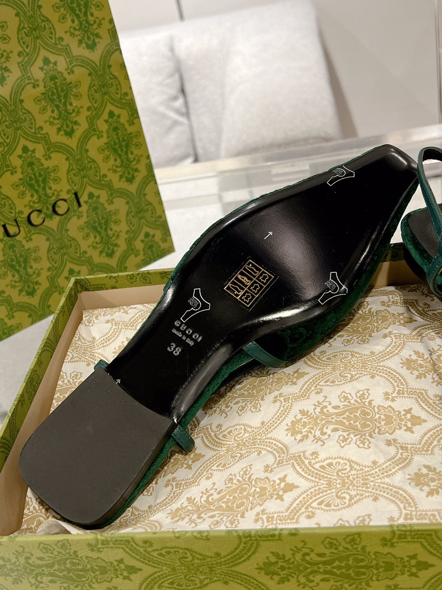 SLINGBACK FLATS IN GREEN FOREST VELVET