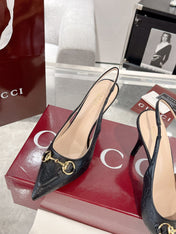 GG HIGH SLINGBACK 10.5 CM IN BLACK GLOSSY EMBOSSED SUEDE AND SHEEPSKIN LINING