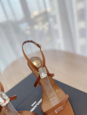 HIGH HEEL SANDAL 10 CM IN BRONZE BROWN SATIN CREPE AND CRYSTAL
