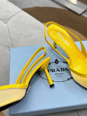 PRADA 25S TRIANGLE LOGO SLINGBACK PUMPS IN YELLOW MESH FABRIC