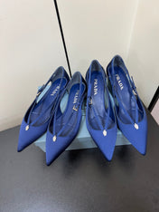 CUT-OUT PUMPS WITH BEAD BUCKLE IN NAVY BLUE SATIN