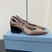 CUT-OUT PUMPS WITH BEAD BUCKLE IN HAZELNUT BEIGE SATIN