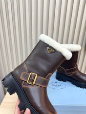 PRADA 25S MARTIN BOOTS IN DARK BROWN CALFSKIN FUR-LINED