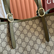 GUCCI 26S TOTE BAG 38 IN DARK BEIGE AND MOSS GREEN CANVAS