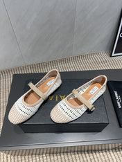 ALAIA MARY JANE FLATS WOVEN PATTERN 25S IN WHITE MIX LIGHT BEIGE CALFSKIN
