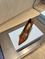 PRADA 26S POINTED TOE HEELS 75MM IN DARK BROWN SUEDE WITH BOW