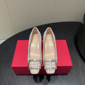 ROGER VIVIER 25S TROMPETTE SQUARE TOE HIGH HEELS 45MM IN PINK TWEED
