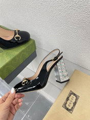 GG WOMEN'S HORSEBIT SLINGBACK 95MM IN BLACK CALFSKIN WITH RHINSTONES