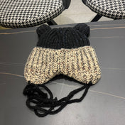 KNITTED BEANIE HAT WITH CUTE EARS IN BLACK MIX BEIGE WOOL 403483