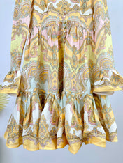 HIGH-NECK LONG-SLEEVE PRINTED DRESS IN PURPLE AND YELLOW