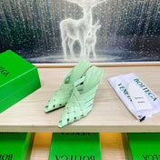 ALFIE LEATHER HIGH MULES IN GREEN MINT CALFSKIN WITH WOVEN DESIGN