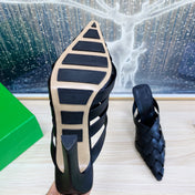 ALFIE LEATHER HIGH MULES IN BLACK CALFSKIN WITH WOVEN DESIGN