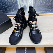 CC COMBAT BOOTS IN BLACK WRINKLED CALFSKIN AND GROSGRAIN WITH FAUX PEARL