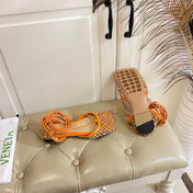 LACE-UP FLAT SANDAL IN VIVID ORANGE METALLIZED MESH AND LEATHER WITH RHINSTONES