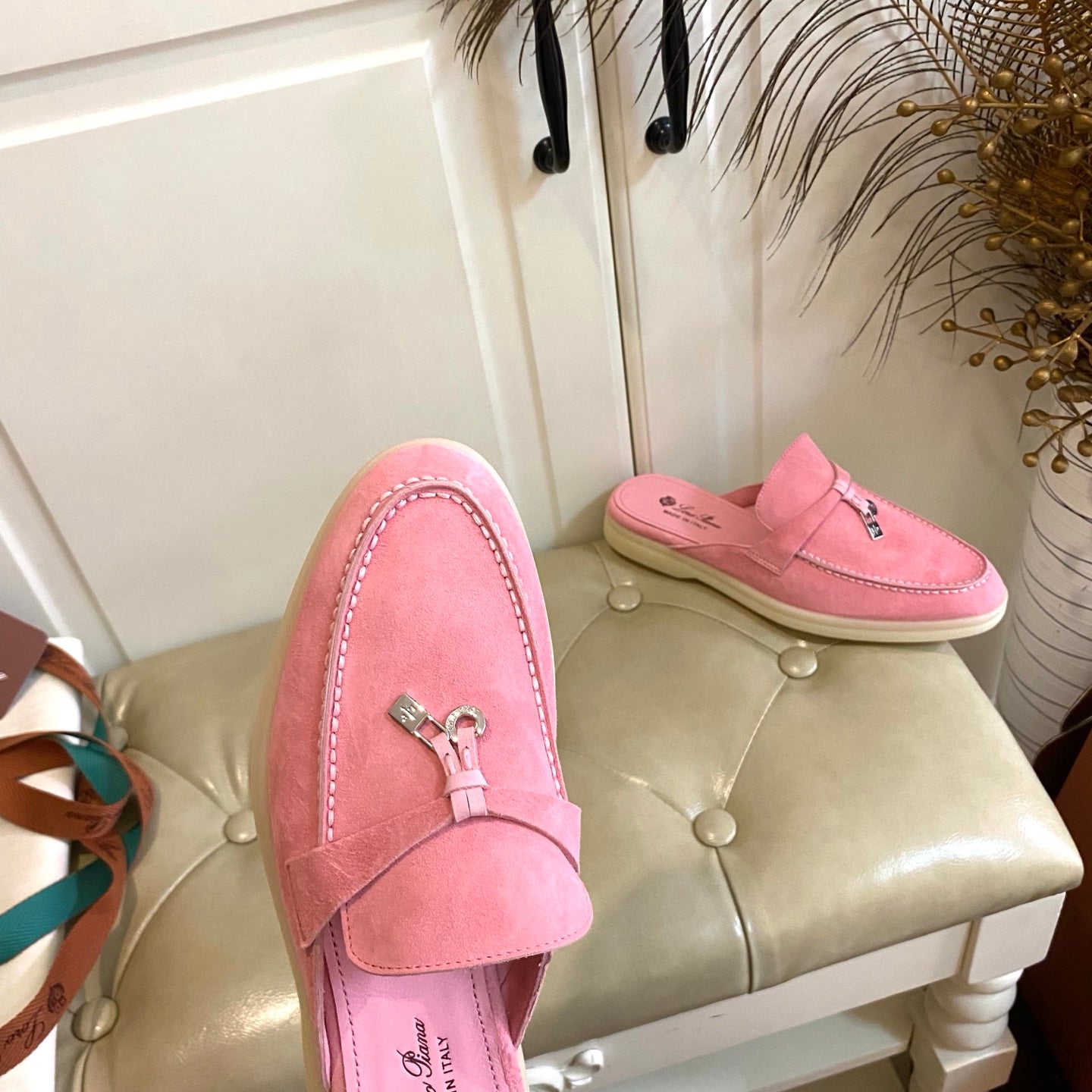 LP 26S LOCK CHARM MULES IN PINK SUEDE GOLD HARDWARE