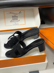 HM 25S ORAN HIGH‑HEEL SANDAL IN BLACK SUEDE AND LAMBSKIN