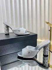 CHANEL 26S EMBELLISHED HEELED SANDALS 80 MM IN SILVER LAMBSKIN