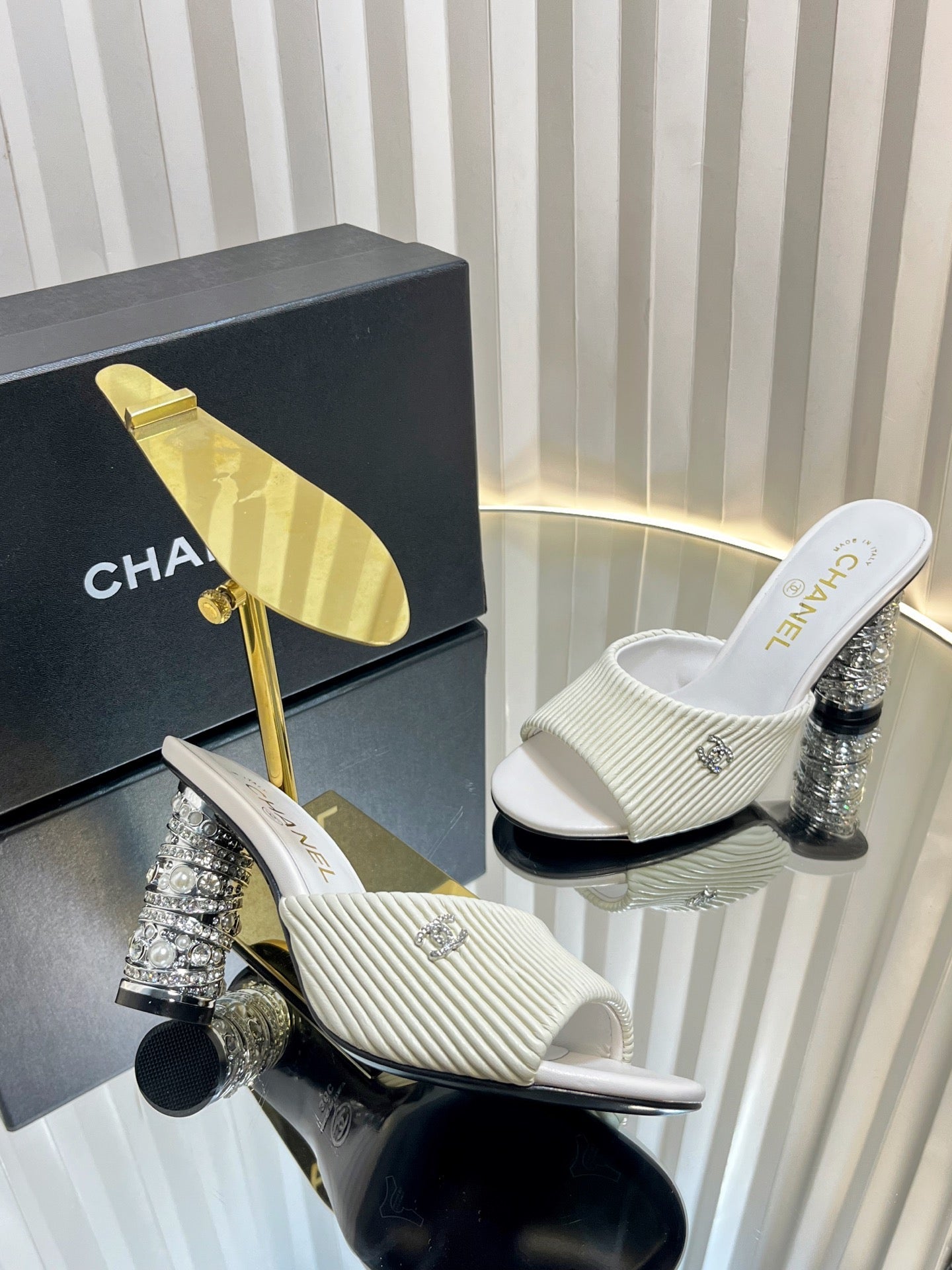 CHANEL 26S EMBELLISHED HEELED SANDALS 80 MM IN WHITE LAMBSKIN