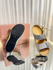 MIUMIU 26S DOUBLE-STRAP SLIDES IN SILVER CALFSKIN