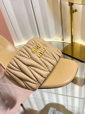 MIUMIU 26S HIGH-HEEL MULE SANDALS 85MM IN BEIGE CALFSKIN GOLD HARDWARE