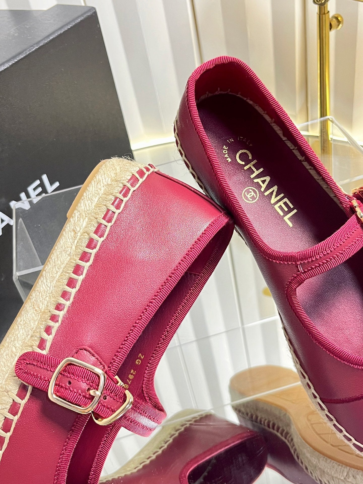 CHANEL 26S ESPADRILLE MARY JANE SHOES IN DARK RED LAMBSKIN