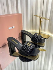MIUMIU 26S PADDED MATELASSE MULE HEELS 65MM IN BLACK CALFSKIN GOLD HARDWARE